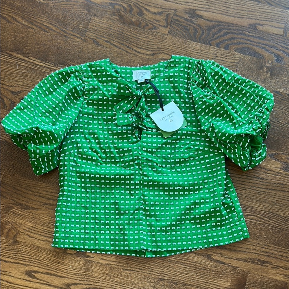 Kate Spade for Target Green and White Polka Dot Blouse with Puff Sleeves